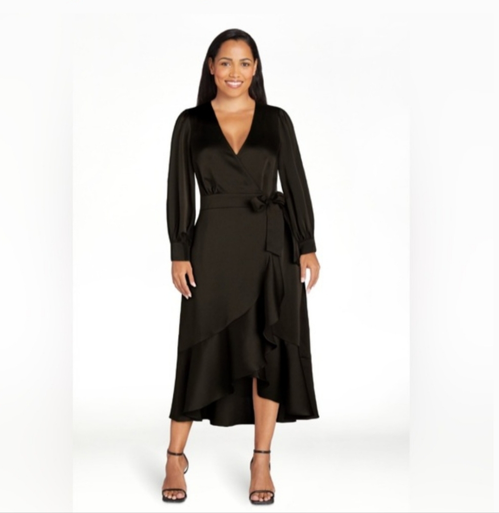 Sofia Vergara Black Asymmetrical Wrap Dress with Bishop Sleeves NEW WITHOUT TAGS